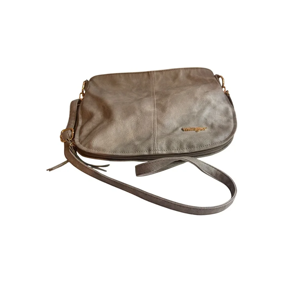 Wrangler Metallic Grey Faux Leather Crossbody Hobo Bag Gold Hardware Western